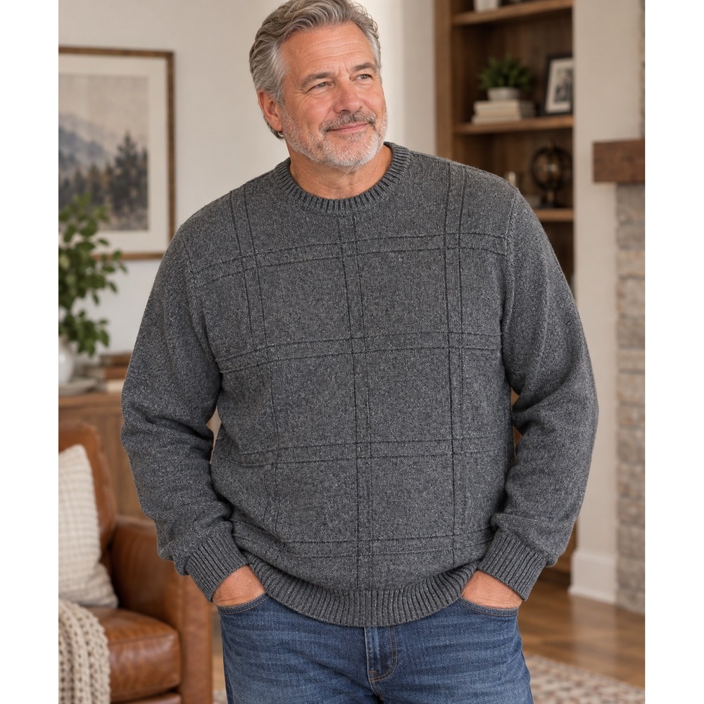 Geoffrey Beene Mens XL Gray Cotton Grid Pattern Crewneck Sweater Vintage 90s